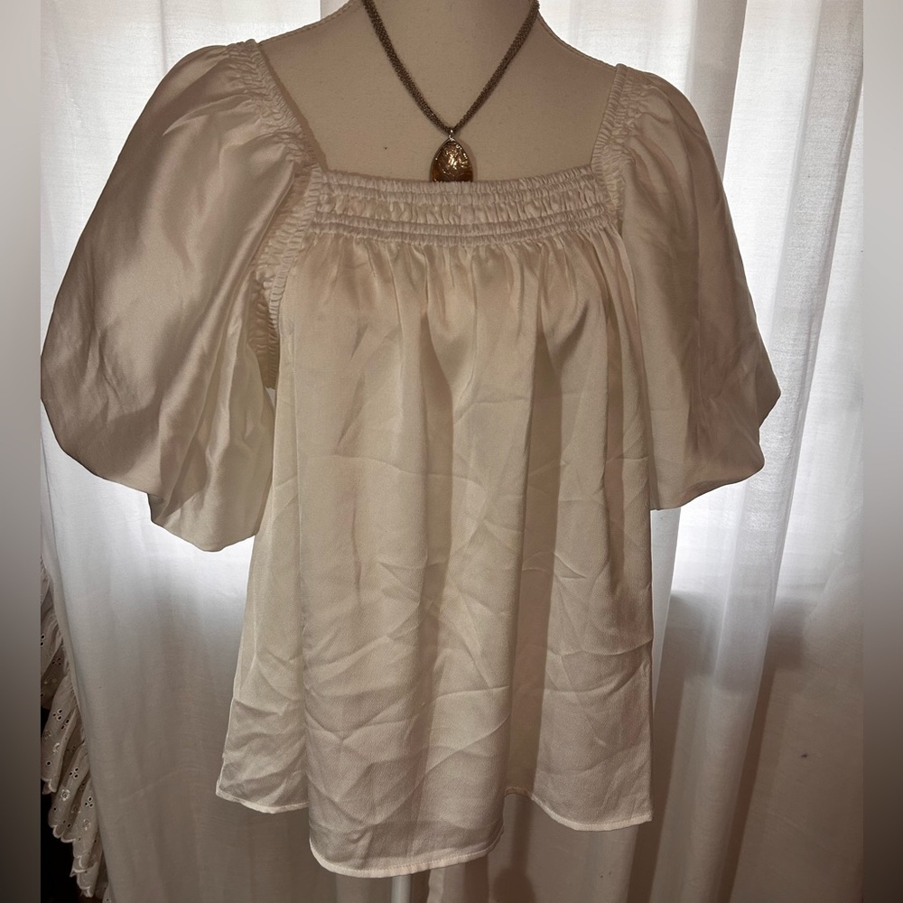 entro White Smocked Square-Neck Puff Sleeve Blouse M Babydoll Peasant Top